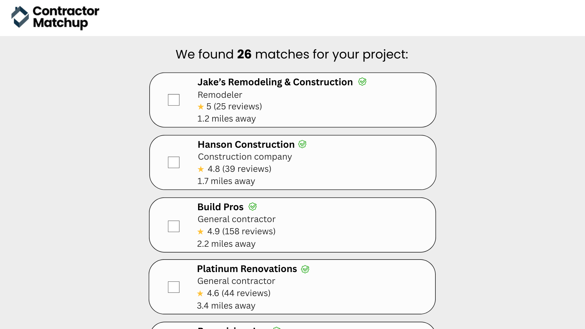 Choose which contractors to notify - see ratings and distances before sharing your contact info